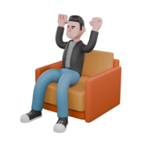 Professional Screenwriter Cartoon Design. A male screenwriter sits on a sofa with both fists in the air, serious expression. 3D Artistic Model png