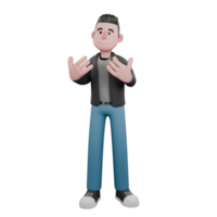 Cartoon-Style 3D Model.A male screenwriter with both hands open in front of his body, slightly smiling expression .Artistic Illustration png