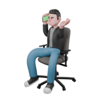 Cartoon-Style 3D Model. A male screenwriter sits on a chair answering a phone call held in his right hand, and his left hand is open, as if he does not know. 3D Artistic Model png