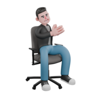 3D Screenwriter Character. A male screenwriter sits on a chair with both hands clapping, expression happy. Artistic Illustration png