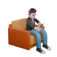 Creative 3D Model. A male screenwriter sits on a sofa with both hands playing with the cellphone he is holding, expression focused. Screenwriter Character png