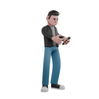 Cartoon-Style 3D Model. A male writer scenario standing holding a cellphone in his left hand, and his right hand is open, as if he doesn't know. Cartoon Screenwriter Illustration Design png