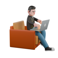 3D Screenwriter Character. A Male Screenwriter sits on a sofa with one hand typing on a laptop keyboard, focused expression. Artistic Illustration png