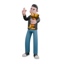 3d roteirista personagem. uma masculino roteirista carrinhos segurando uma troféu dentro dele esquerda mão, e dele certo mão parece para estar dando uma código para levar uma cenário. 3d artístico modelo png