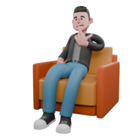 Cartoon-Style 3D Model. A male screenwriter sits on a sofa with one hand at his side while the other is under his chin, one finger on his lips, smiling expression when an idea occurs appear. Cartoon png