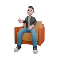 Cartoon Screenwriter 3D Model Design. A male screenwriter sits on a sofa with one hand slightly raised as if talking, a wide smiling expression. 3D Design png