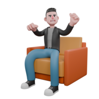 3D Screenwriter Character. A male screenwriter sits on a sofa with both hands raised and clenched, an excited expression . Cartoon Screenwriter Illustration Design png