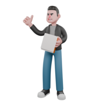 Cartoon 3D Artistic Model. A male screenwriter stands holding a clipboard in his left hand, and his right hand giving a thumbs up. Artistic Illustration png