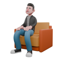 Professional Screenwriter Cartoon Design. A male screenwriter sits on a sofa with both hands on his lap, a gentle smile expression. Screenwriter Character png