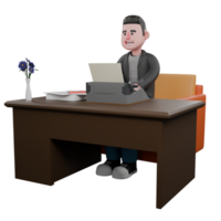 3D Screenwriter Character. A male screenwriter sits on a sofa with a typewriter on the table, wide smiling expression. 3D Design png