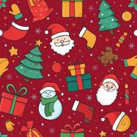 Seamless pattern with Christmas characters on red background. Winter pattern with snowflakes, Santa Clauses, snowman for textile, wrapping paper, pattern fills, scrapbook. vector