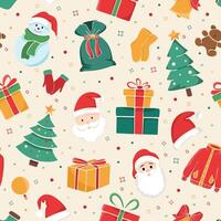 cheerful Christmas seamless pattern with festive icons in a hand-drawn style. Background with classic Christmas elements for holiday wrapping paper, greeting cards or festive apparel vector