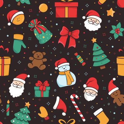 Seamless pattern with doodle Christmas elements. Endless background for kids with Santa, Christmas tree, snowman. Christmas print for wrapping paper, Christmas cards, scrapbooking