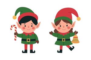 Two cute little elves. Santa Claus helpers. Boy with candy cane and girl with bell in green and red costumes and hats. Christmas characters. Flat illustration isolated on white background vector