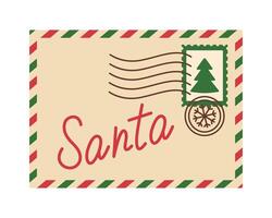 Envelope with letter to Santa Claus. Paper envelope with postage stamp with Christmas tree and seals. Xmas delivery. Flat illustration isolated on white background vector