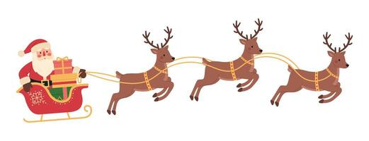 Santa Claus in red sleigh with colorful gift boxes rides on reindeer. Xmas character with sledge, presents and deers. Christmas and New Year celebration. Flat illustration isolated on white vector