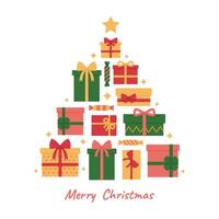Christmas tree formed from colorful gift boxes with ribbons and bows, candies and stars. Stack of presents in shape of tree. Merry Christmas greeting card, banner or poster. Flat illustration vector