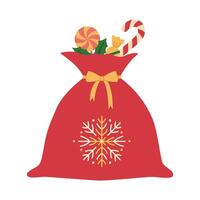 Santa Claus bag with sweets sticking out. Full red Christmas sack with snowflake and bow. Xmas and New Year celebration. Flat illustration isolated on white background vector