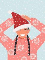 A young woman in a pink winter sweater and a red hat with a bubo enjoys the snowfall and New Year holidays, improving her mental health. vector