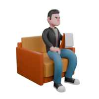 Screenwriter 3D Cartoon Model Design. A male screenwriter sits on a sofa with a clipboard in his left hand while his right hand is on his lap. Creative 3D Model png