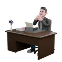 Cartoon 3D Artistic Model. A male screenwriter sits on a chair with a typewriter on the table with both hands in front of his chin. Artistic Cartoon Model Design png