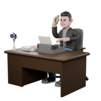 Screenwriter 3D Cartoon Model Design. A Male Screenwriter sits with a typewriter on the table and his right hand holds a cell phone next to his ear. 3D Model Character png