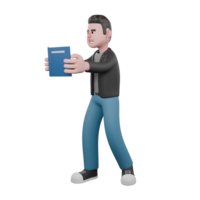 3D Cartoon Model Design of a Screenwriter. A male screenwriter walks to the right with both hands holding a book, a focused expression. 3D Design png