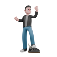 Screenwriter 3D Cartoon Model Design. A male Screenwriter stands with one leg on a typewriter, clenched fists in the air, heroic expression. 3D Artistic Model png