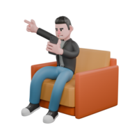 Professional Screenwriter Cartoon Design. A male screenwriter sits on a sofa with his left hand holding a cellphone and his right hand pointing in a certain direction.3D Artistic Model png