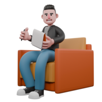 Screenwriter 3D Cartoon Model Design. A male screenwriter sits on a sofa with his right hand holding a pen while his left hand is holding a clipboard, checking while taking notes. Screenwriter png