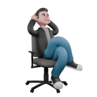 Artistic Screenwriter 3D Cartoon Character. a male screenwriter sits on a chair with both hands behind his head with a happy expression. Model Design png