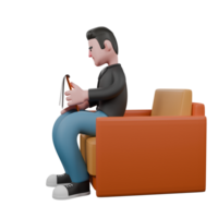 3D Cartoon Artistic Model. A male screenwriter sits on a sofa with one hand holding a clipboard, checking a script with a serious expression. 3D Artistic Model png