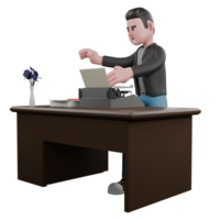 Professional Screenwriter Cartoon Design. A male screenwriter stands behind his desk while typing a script on a typewriter at his desk. Artistic 3D Model png