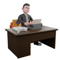 3D Cartoon Artistic Model. A male screenwriter sits on a sofa while typing a script on a typewriter at his desk, his expression focused. Model Design png