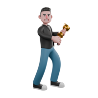 Creative 3D Model.A Male Screenwriter walks with his left hand holding a golden trophy, a wide smiling expression. Creative 3D Model png