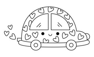 black and white kawaii car with hearts. Line smiling automobile isolated clipart. Cute transport outline illustration. Funny Saint Valentine day coloring page for kids with love concept vector