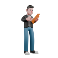 3D Cartoon Model Design of Screenwriter. A male screenwriter stands with one hand holding a clipboard while the other hand is on the clipboard, ready to check the script. 3D Design png