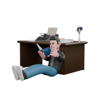 Professional Screenwriter Cartoon Design . a male screenwriter leans on a table with both hands holding a book with a happy expression. 3D Artistic Model png