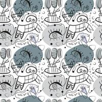 Surrealistic, hand drawn pattern with abstract shapes, eyes, cats, flowers. with Happy New Year, monochrome. For the design of textiles, paper, notebooks, print packaging paper. vector