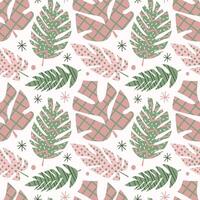 Winter pattern with textured leaves and snowflakes. Pink, green colours. Texture. simple forms. For textile design, wallpaper, wrapping paper,fashion vector