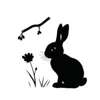 A black and white silhouette of a rabbit and flowers vector