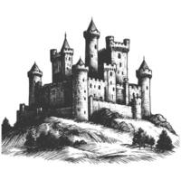 A black and white drawing of a castle vector