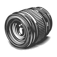 A camera lens is shown in a black and white drawing vector