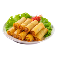 A plate of spring rolls with lettuce and vegetables png