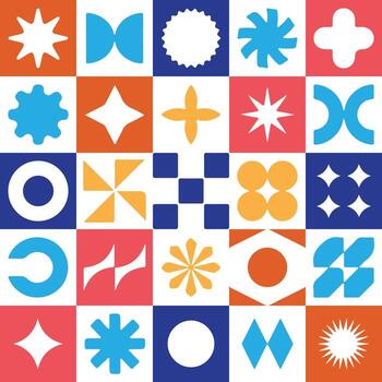 A colorful pattern with various shapes and symbols vector