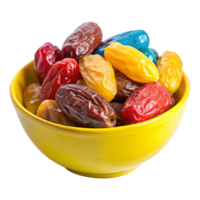 A yellow bowl filled with assorted dates png