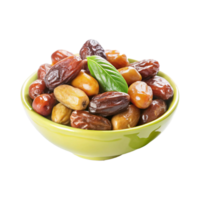 A bowl of dates with a leaf on top png