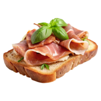 A piece of bread with meat and basil png