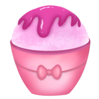 A pink snow cone with syrup in a pink cup with a bow png