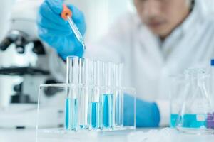 Scientist analyze biochemical samples in advanced scientific laboratory. Medical professional use dropper mix microbiological developmental of viral. Biotechnology research in science lab. cosmetic photo